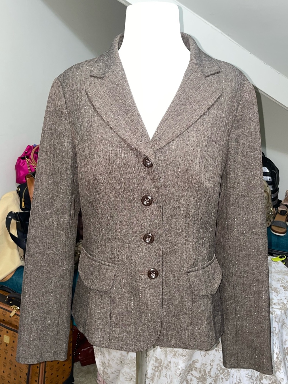 Van Heusen Brown Tweed Button-Front Blazer with shimmery detail